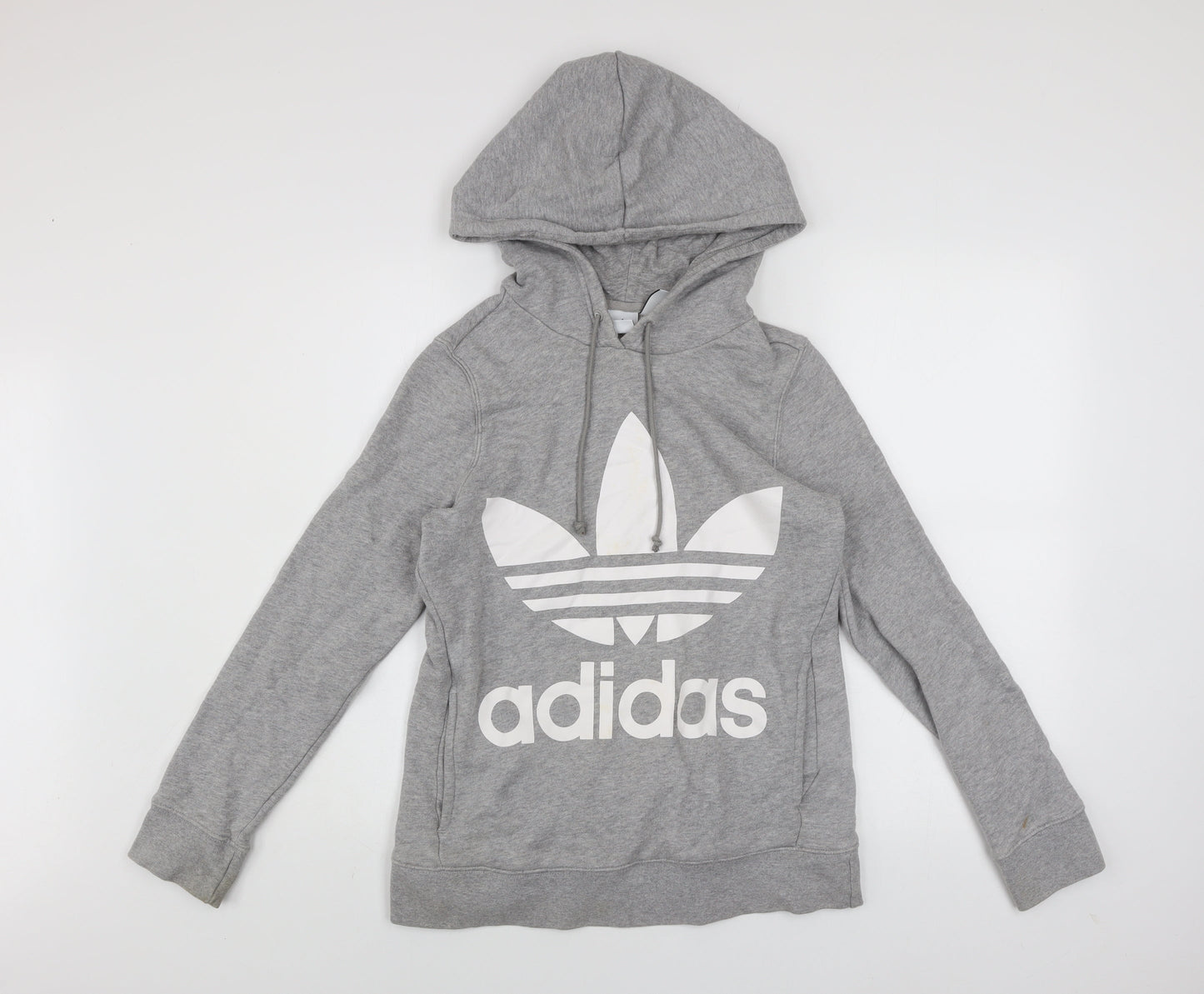 Adidas Women Grey Hooded Pullover Sweatshirt Size 6 Logo Print Cotton