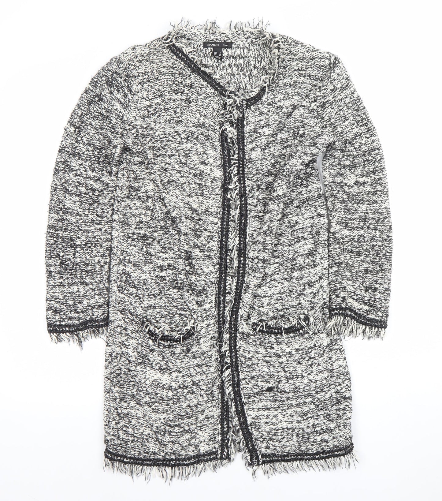 Mango Women's Grey Chunky-Knit Fringe Cardigan Size S