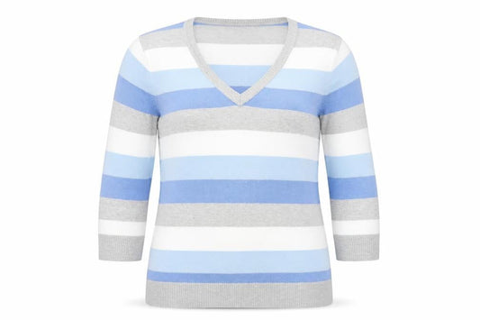 Brunella Women’s Blue Striped V-Neck Cotton Blend 3/4 Sleeve Top L