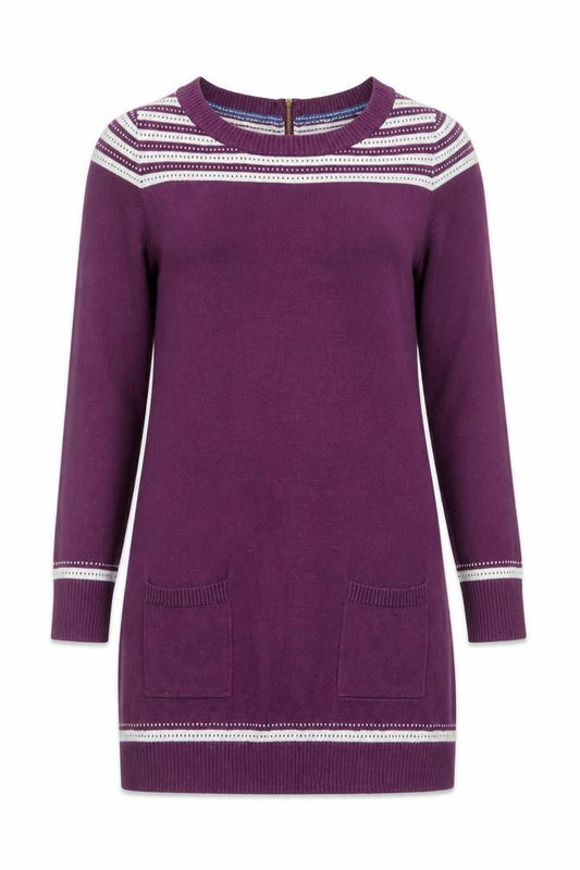 FatFace Women’s Purple Striped Tunic Jumper Size 10 Cotton Crew Neck