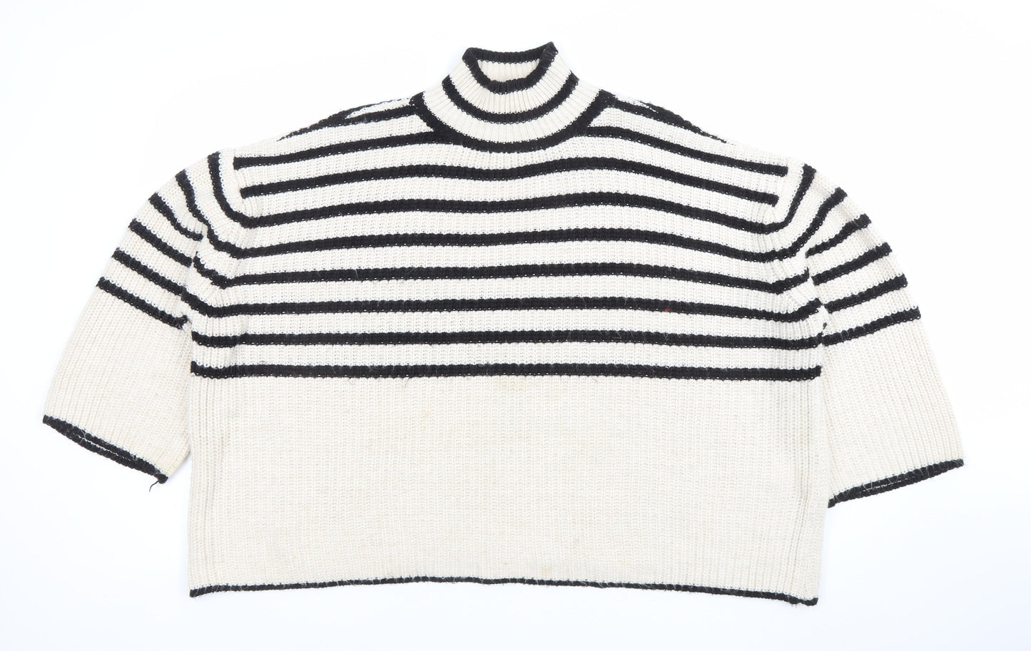 Bili Women Ivory Black Striped High Neck Chunky Knit Jumper One Size