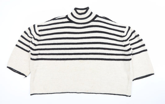 Bili Women Ivory Black Striped High Neck Chunky Knit Jumper One Size