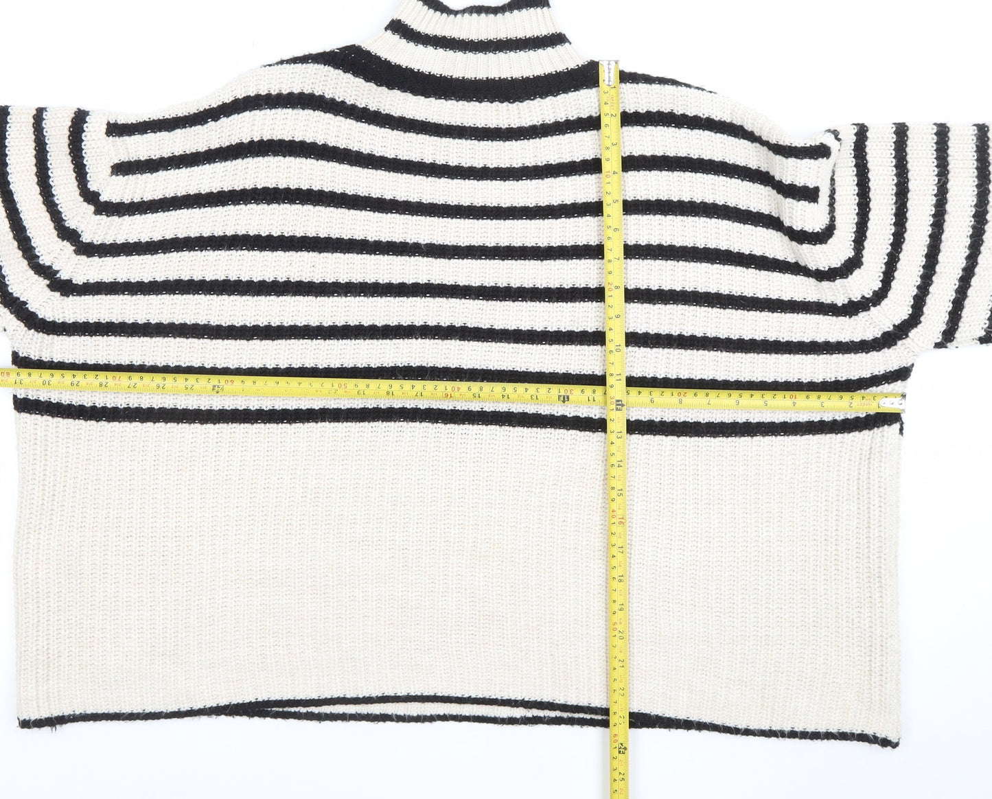 Bili Women Ivory Black Striped High Neck Chunky Knit Jumper One Size