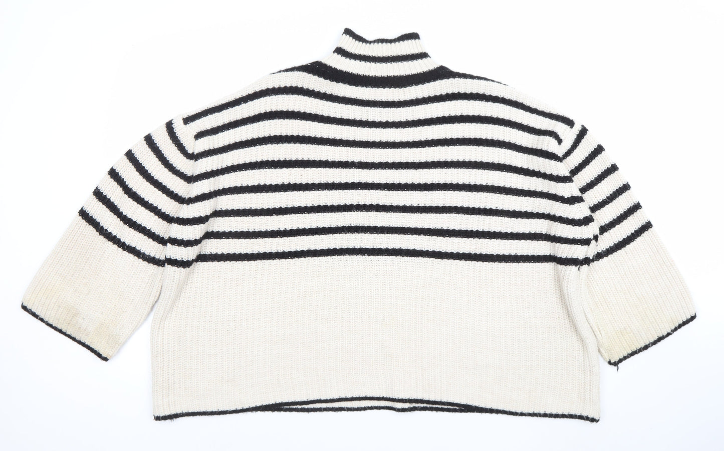 Bili Women Ivory Black Striped High Neck Chunky Knit Jumper One Size