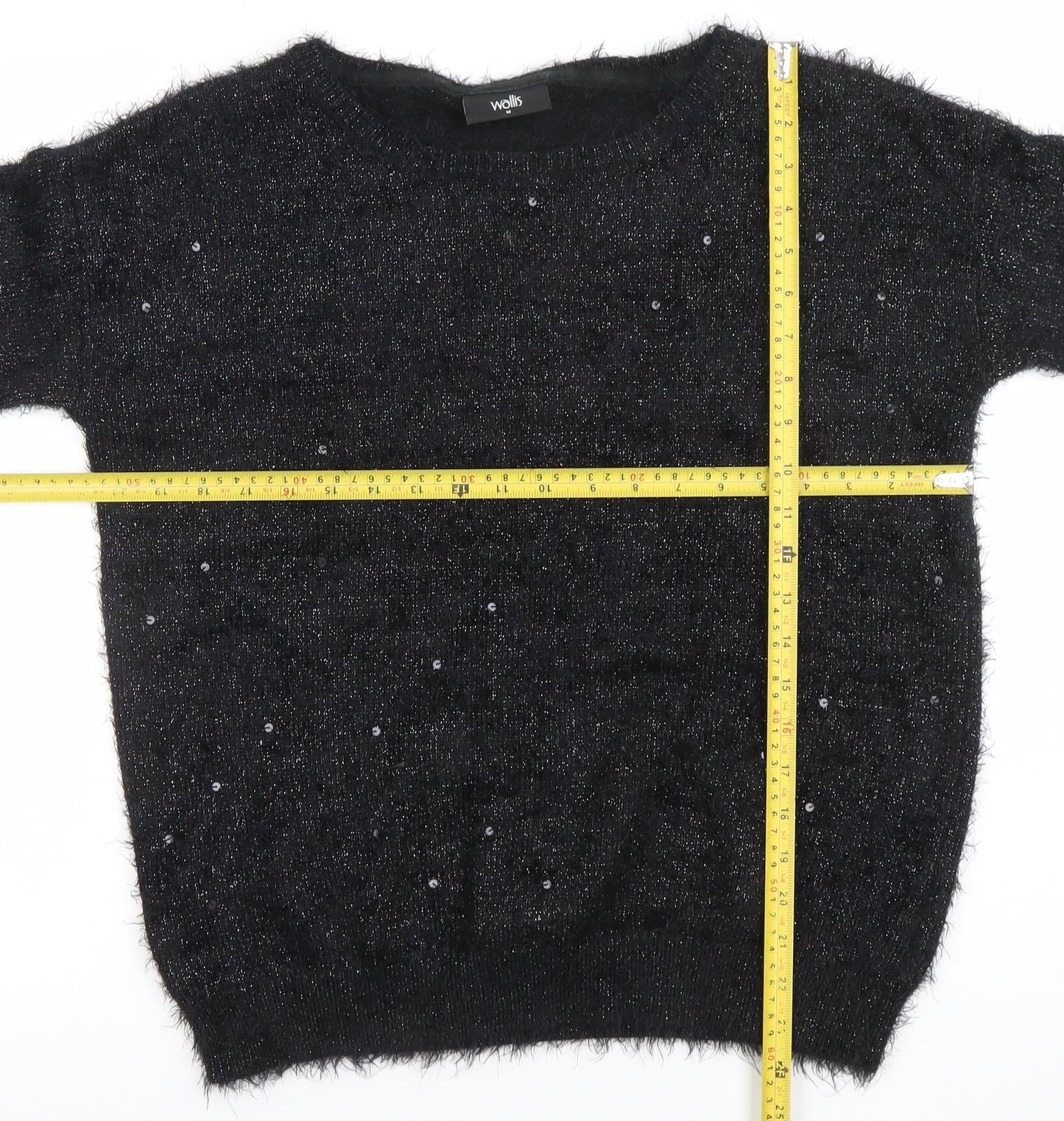 Wallis Women’s Black Sequin Fuzzy Knit Pullover Jumper Size 14