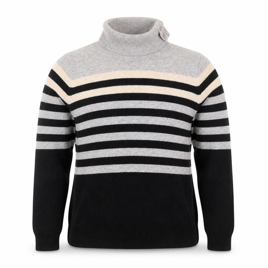 Country Casuals Women Grey Black Striped Roll Neck Long Sleeve Jumper M