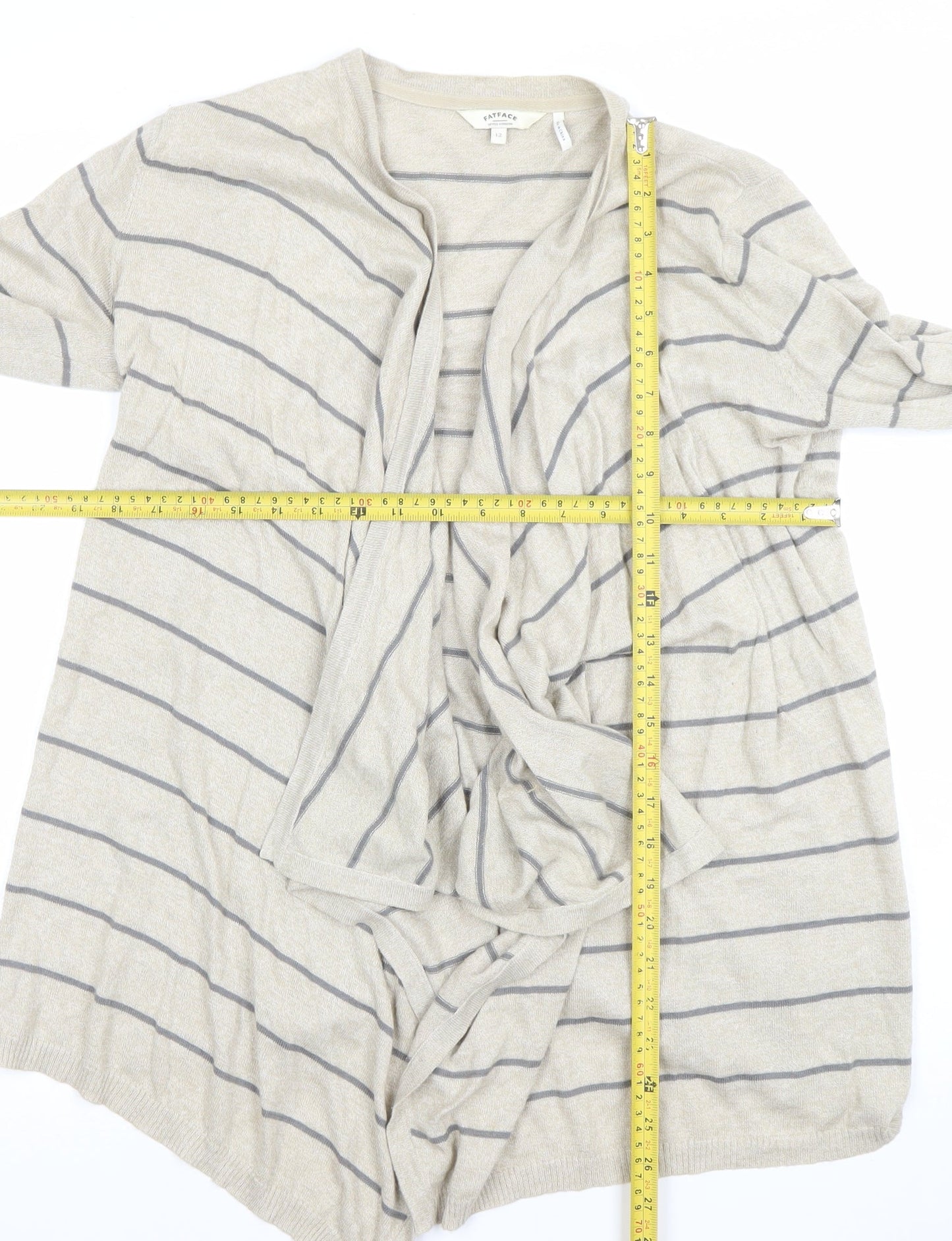 FatFace Women's Beige Striped Cardigan Size 12 Lightweight Knit