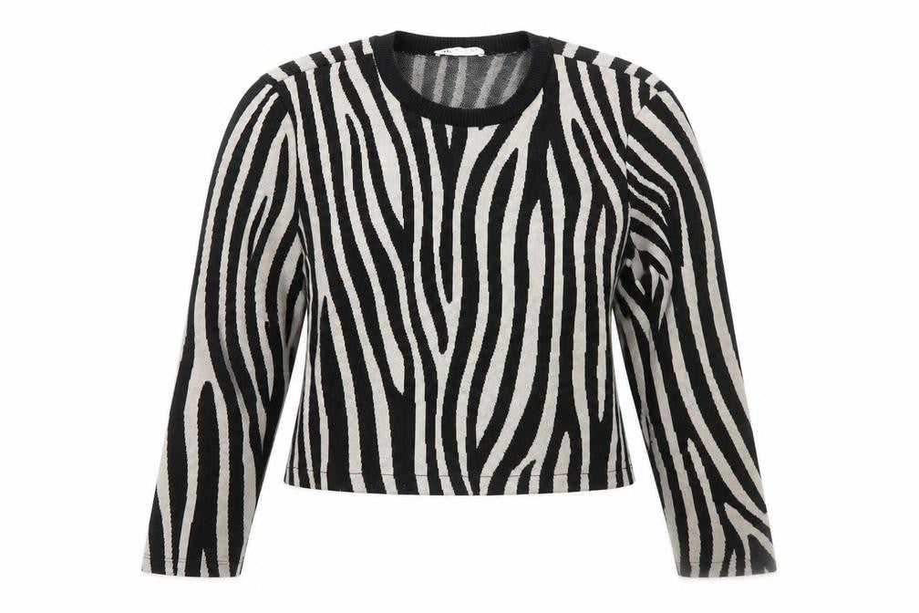 Zara Women Black Beige Zebra Print Cropped Knit Top L