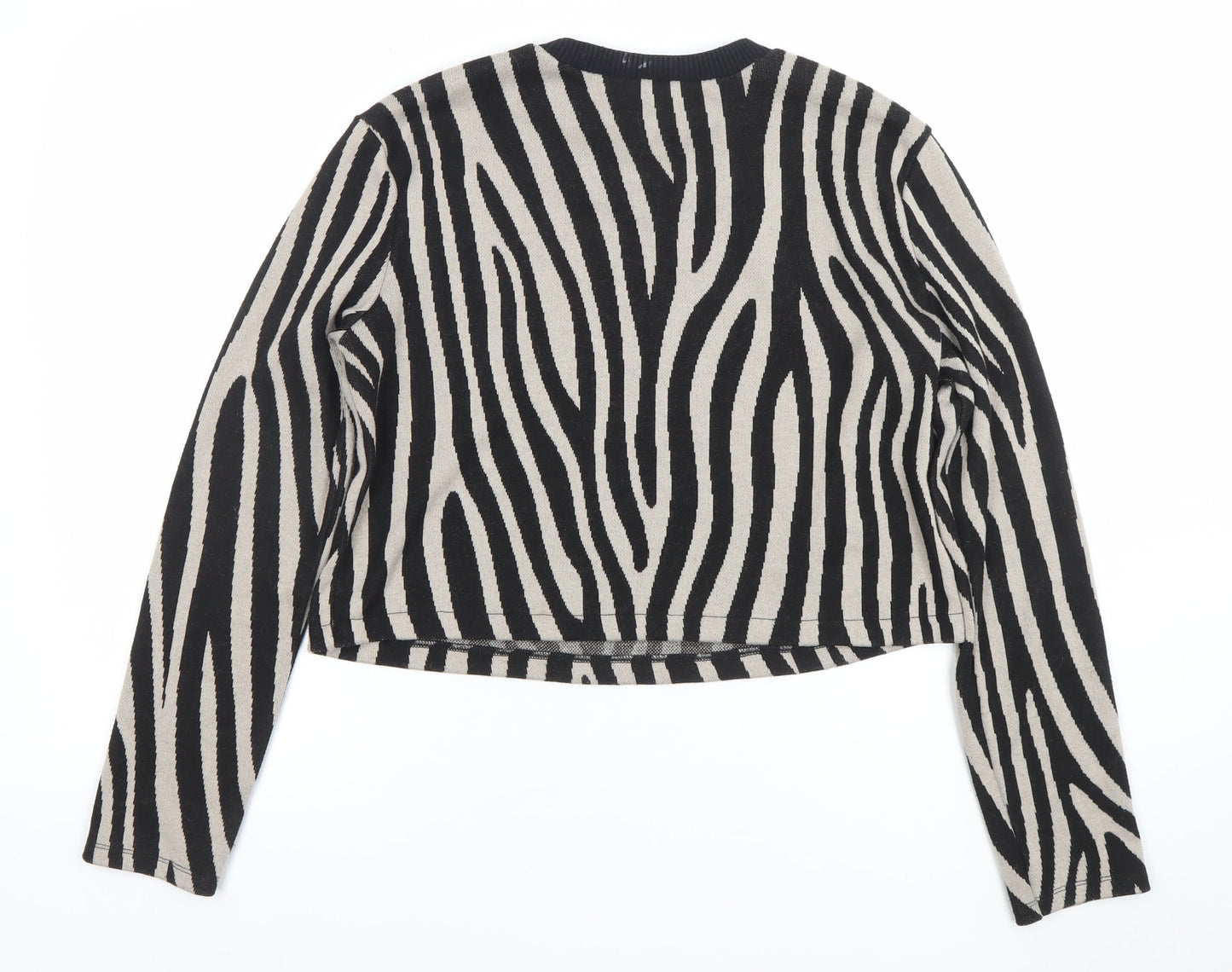 ZARA Women Black Beige Zebra Print Cropped Knit Top L