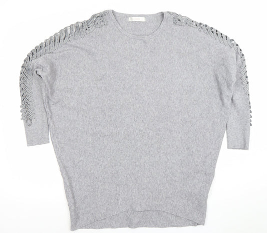 HC LOCRINE Womens Grey Knit Tunic Top One Size Relaxed Fit Crochet Detail