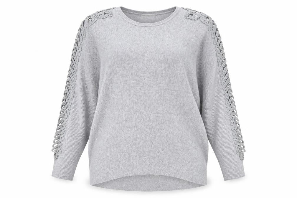 HC LOCRINE Womens Grey Knit Tunic Top One Size Relaxed Fit Crochet Detail