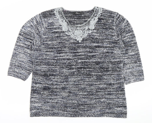 BM Collection Women's Grey Lace Neck Chunky Knit Pullover Jumper L