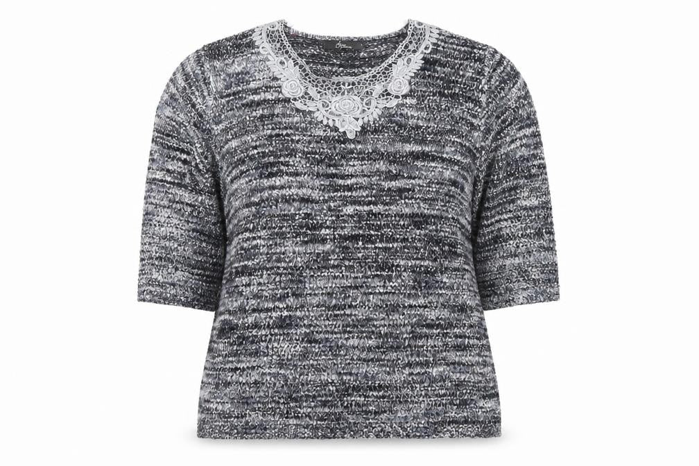 Bonmarché Women's Grey Lace Neck Chunky Knit Pullover Jumper L