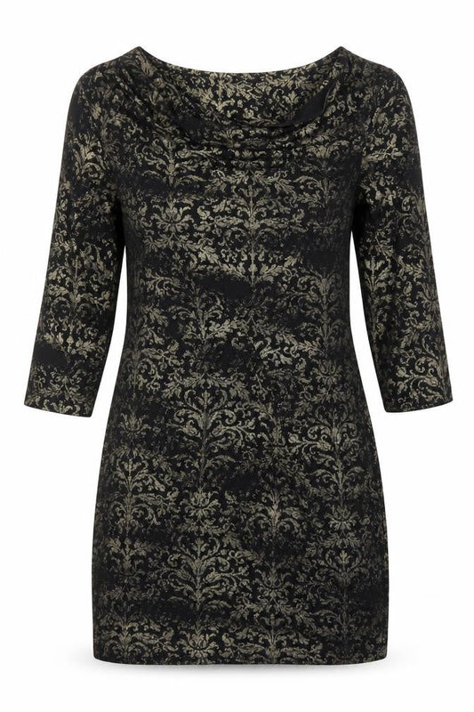 Next Women Black Gold Bodycon Dress M 3/4 Sleeve Cowl Neck Party