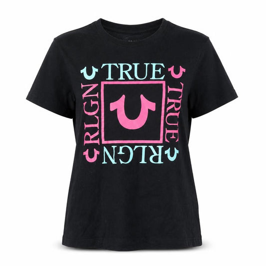 Front view of True Religion women’s black graphic logo cotton t-shirt, size S