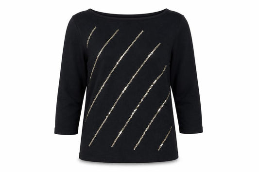 Marks and Spencer Women's Black Sequin 3/4 Sleeve Boat Neck T-Shirt UK 14