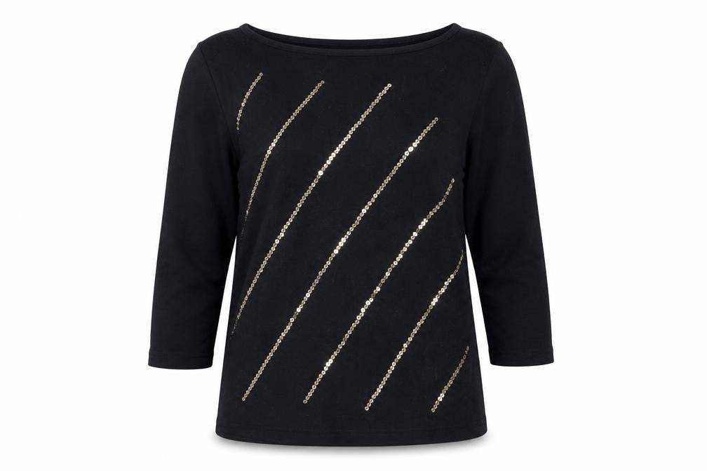 Marks & Spencer Women's Black Sequin 3/4 Sleeve Boat Neck T-Shirt UK 14