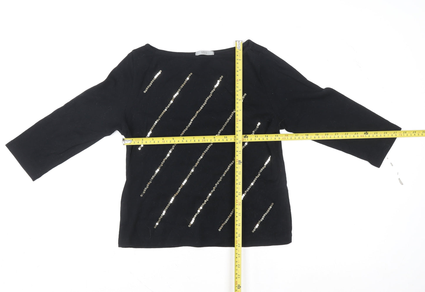 Marks and Spencer Women's Black Sequin 3/4 Sleeve Boat Neck T-Shirt UK 14
