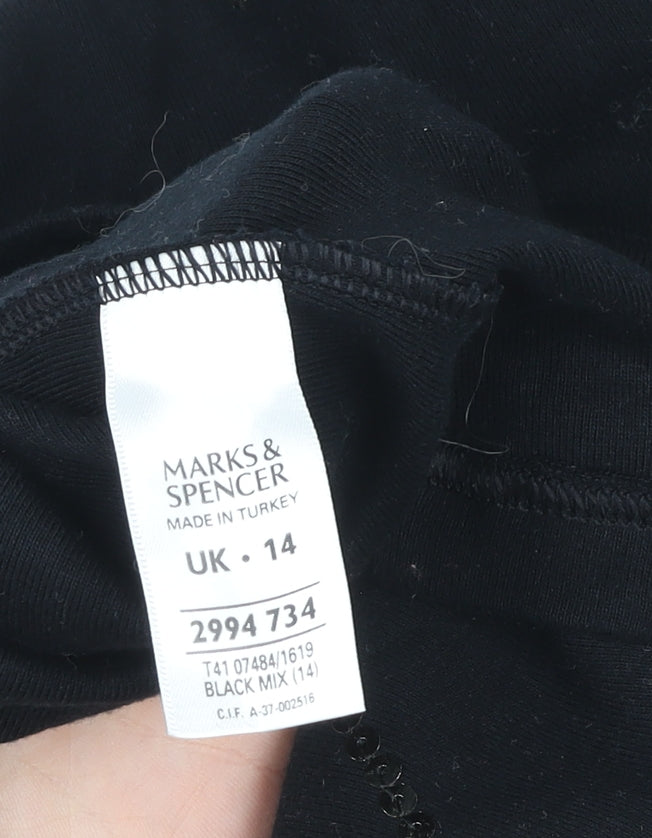 Marks and Spencer Women's Black Sequin 3/4 Sleeve Boat Neck T-Shirt UK 14