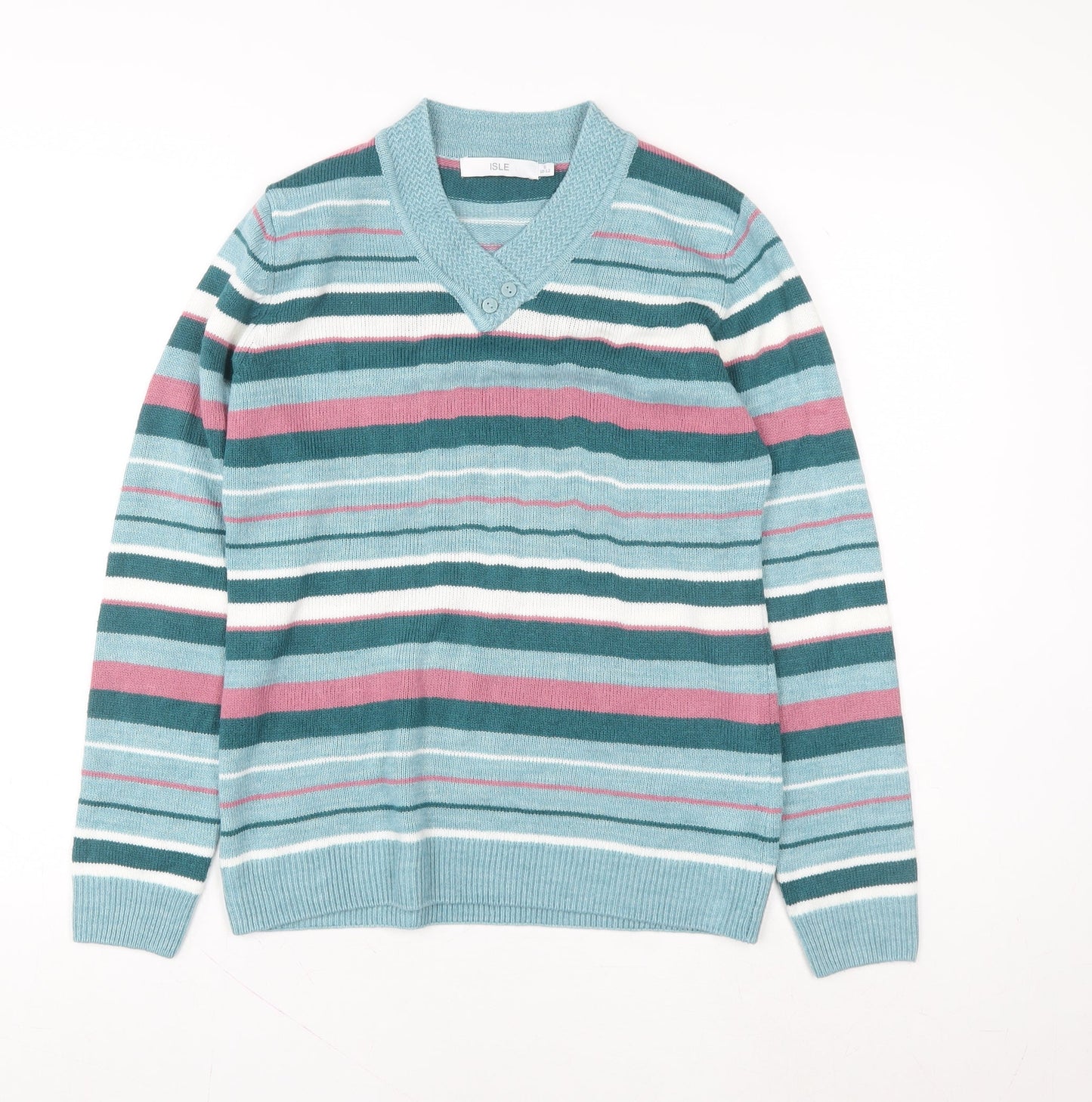 ISLE Women’s Multicoloured Striped Acrylic V-Neck Pullover Jumper Size S 10-12