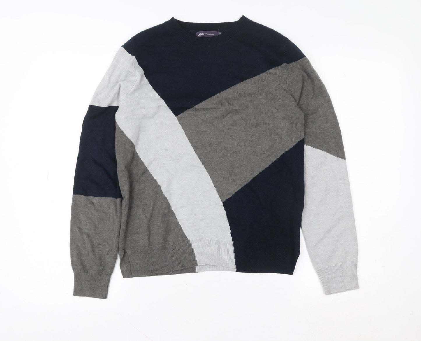 Marks and Spencer Womens Grey Blue Geometric Crew Neck Pullover Size 10