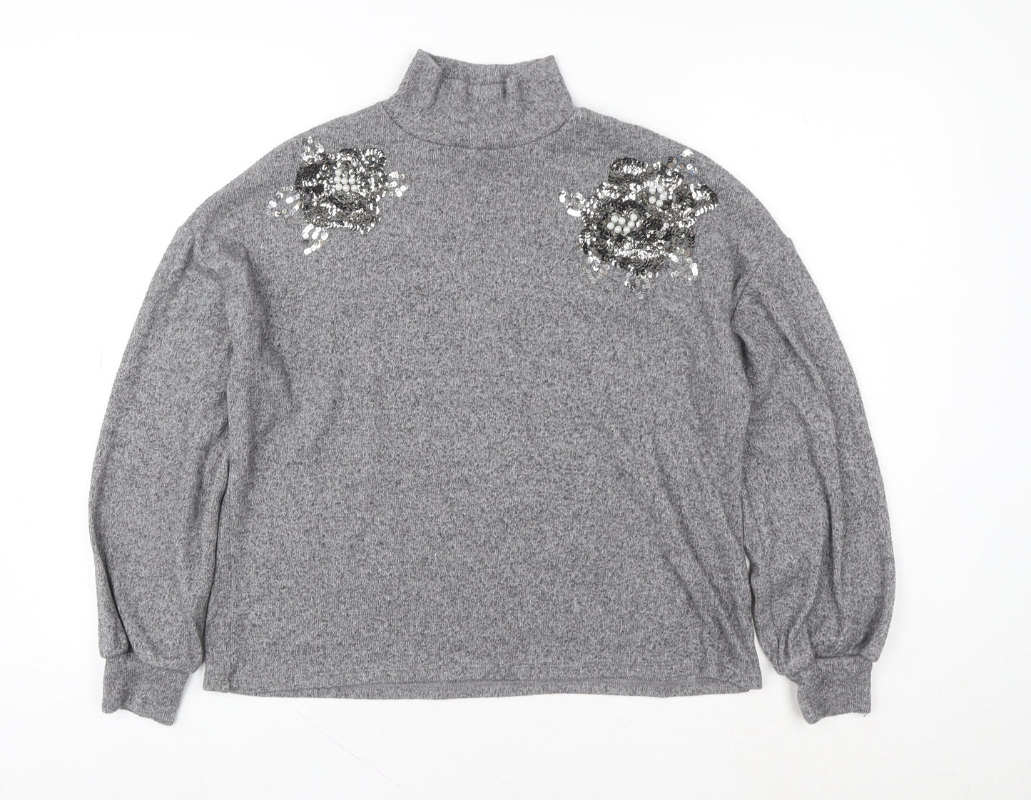 F&F Women's Grey Sequin High Neck Pullover Sweatshirt Size 12