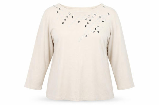 Julipa Women’s Beige Embellished 3/4 Sleeve Cotton T-Shirt Size 18