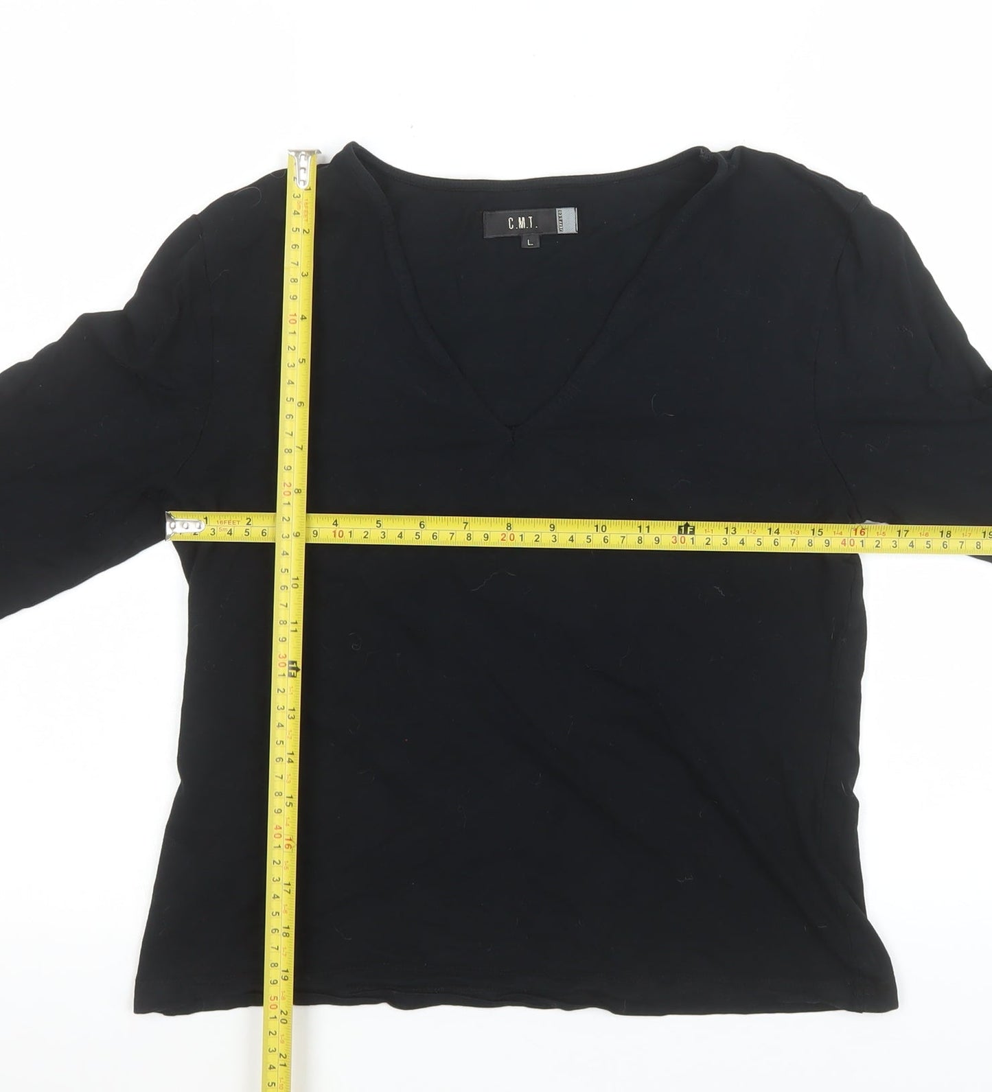 C.M.T. Women’s Black V-Neck 3/4 Sleeve Stretch Blouse Size L