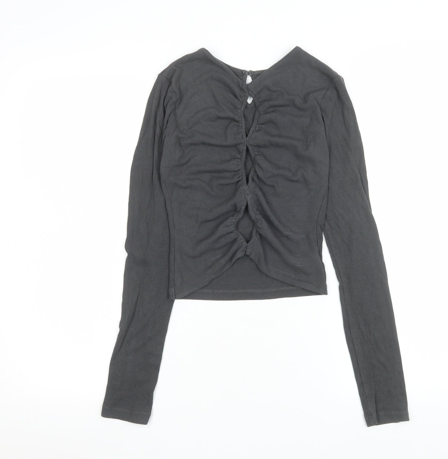 THE KRIPT Women Black XS Cropped Long Sleeve Ruched Ribbed Top