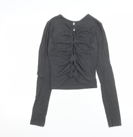 THE KRIPT Women Black XS Cropped Long Sleeve Ruched Ribbed Top