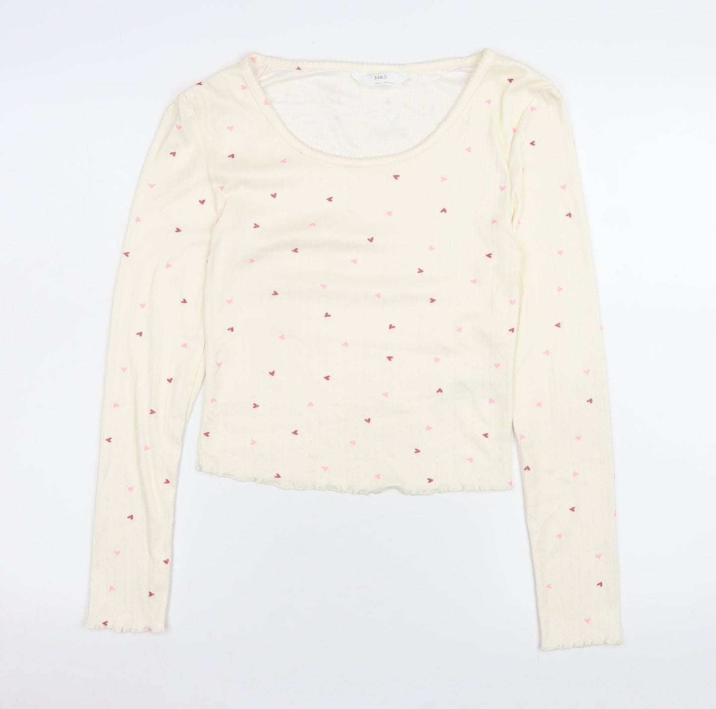 Marks and Spencer Women Ivory Heart Print Long Sleeve Pyjama Top S