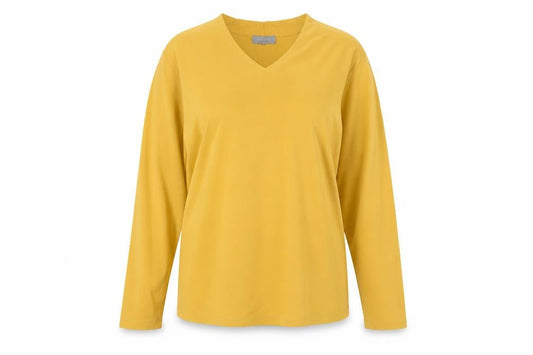 Freshwear Womens Yellow V-Neck Long Sleeve Basic Top Size L