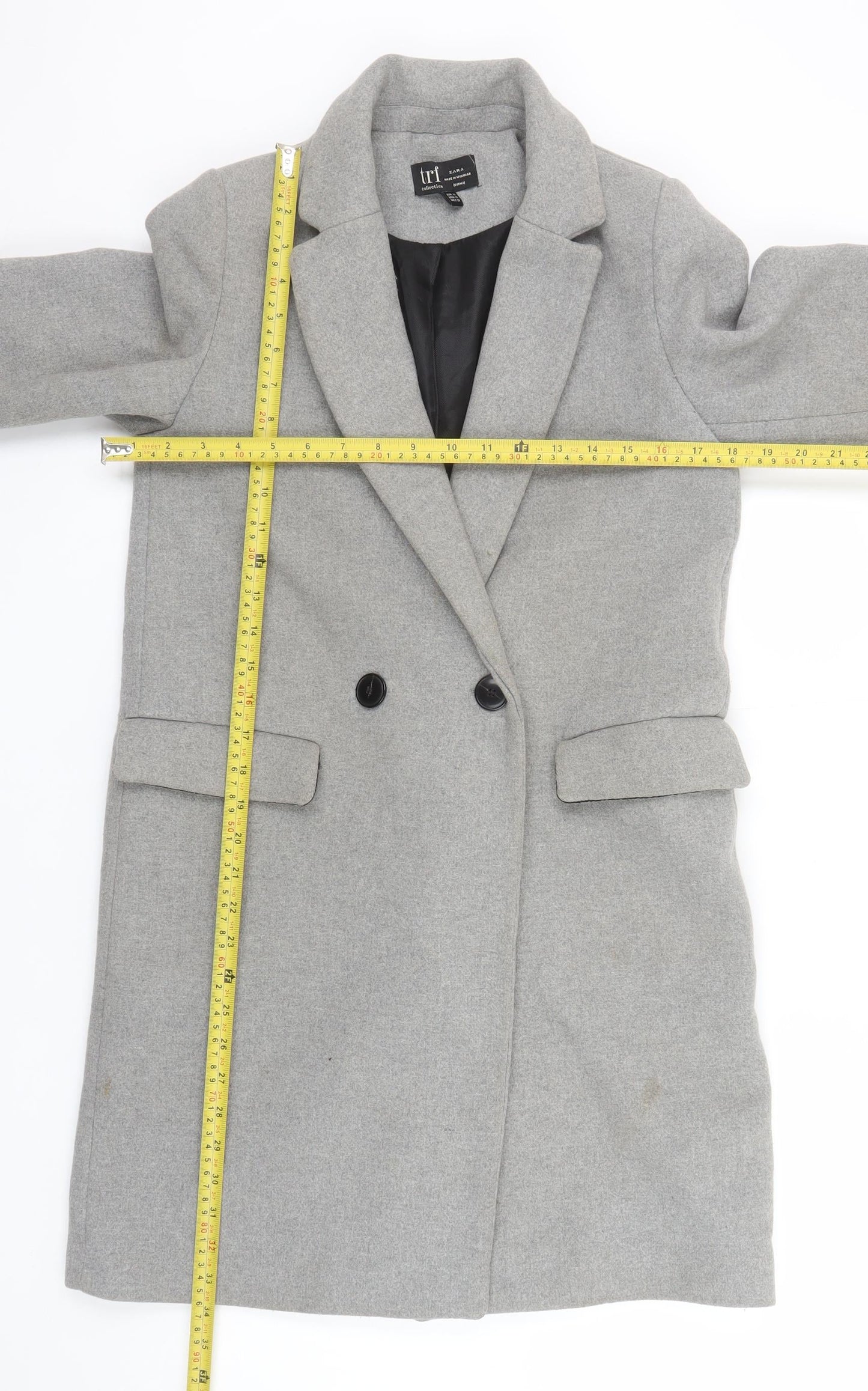 Zara Women Grey Wool Blend Long Coat XS Classic Buttoned