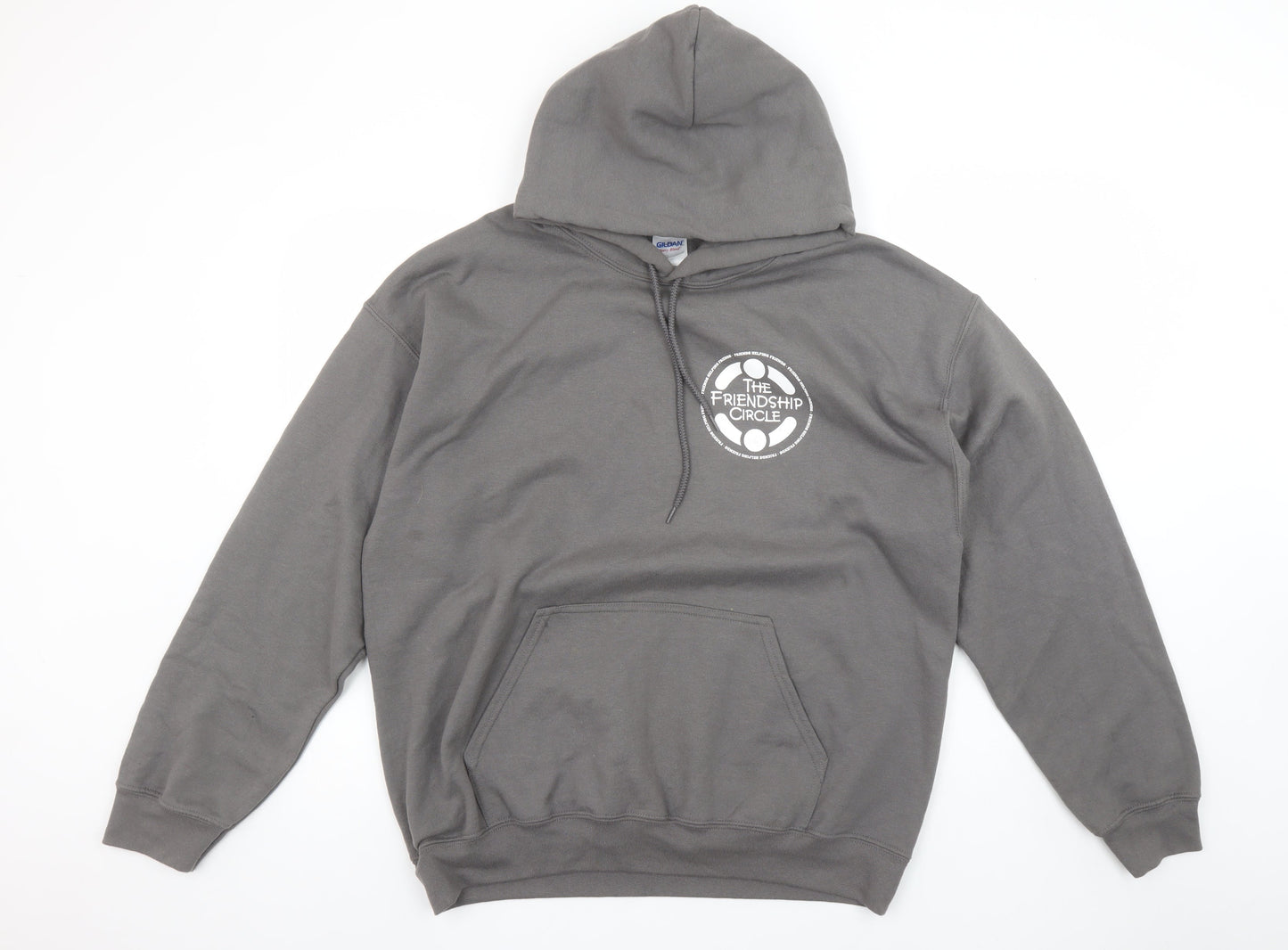 Gildan Men’s Grey Pullover Hoodie Size L Graphic Logo Heavyweight Sweatshirt