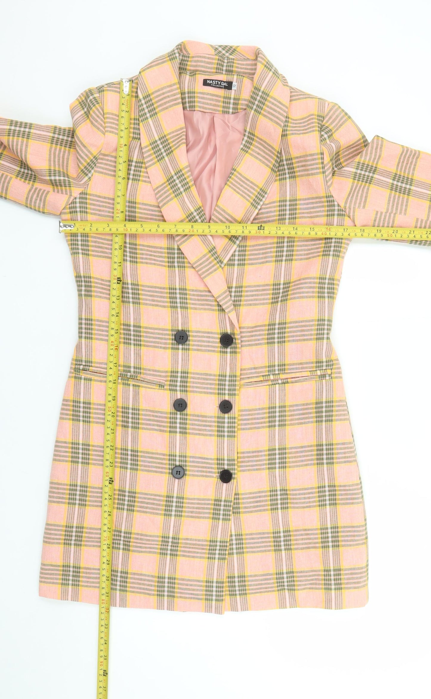 Nasty Gal Women Pink Checked Double-Breasted Blazer Jacket Size 10