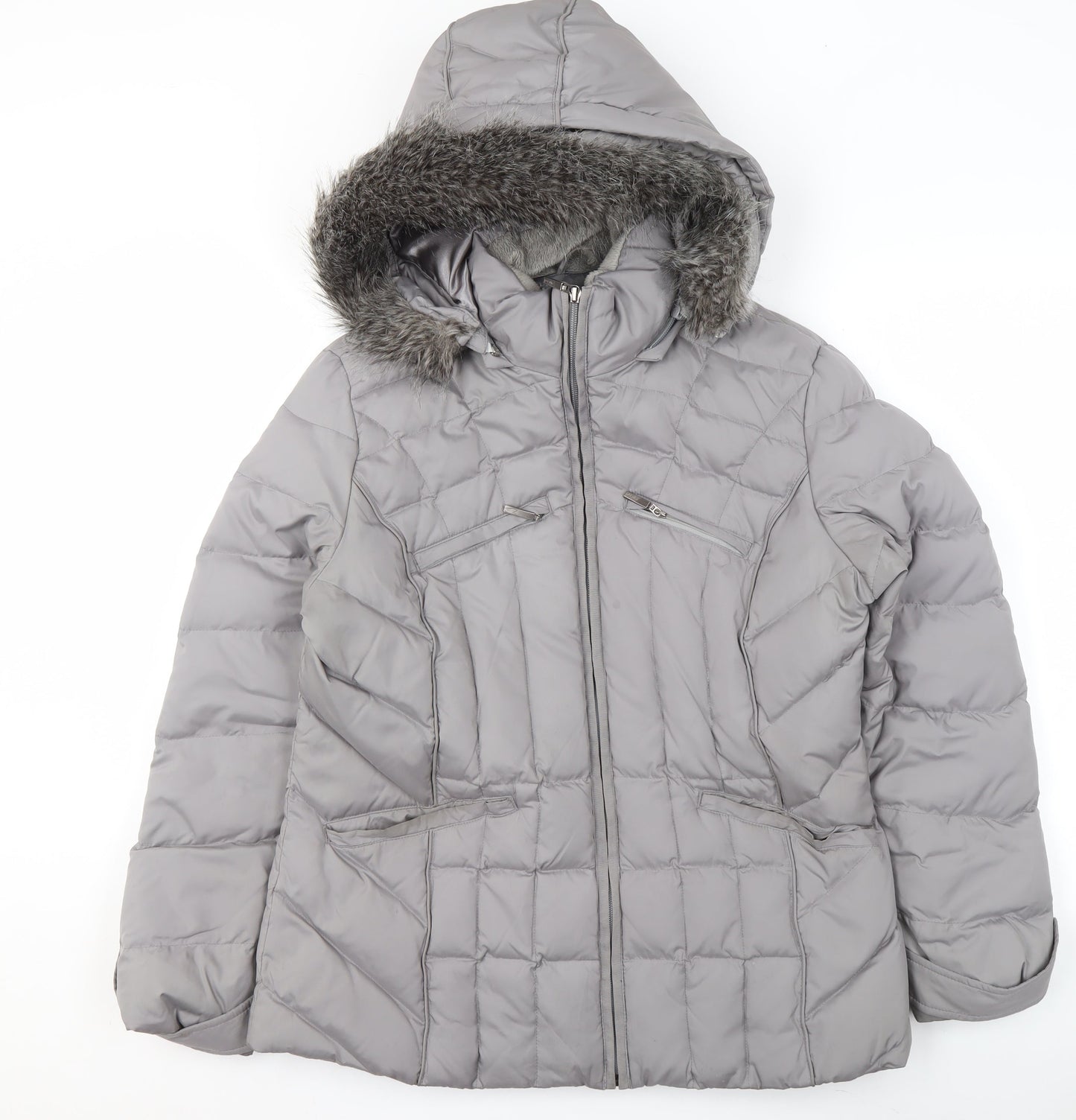 Marks and Spencer Per Una Women's Grey Hooded Puffer Jacket M Faux Fur Trim