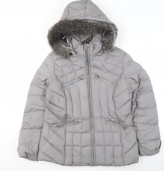 Marks and Spencer Per Una Women's Grey Hooded Puffer Jacket M Faux Fur Trim