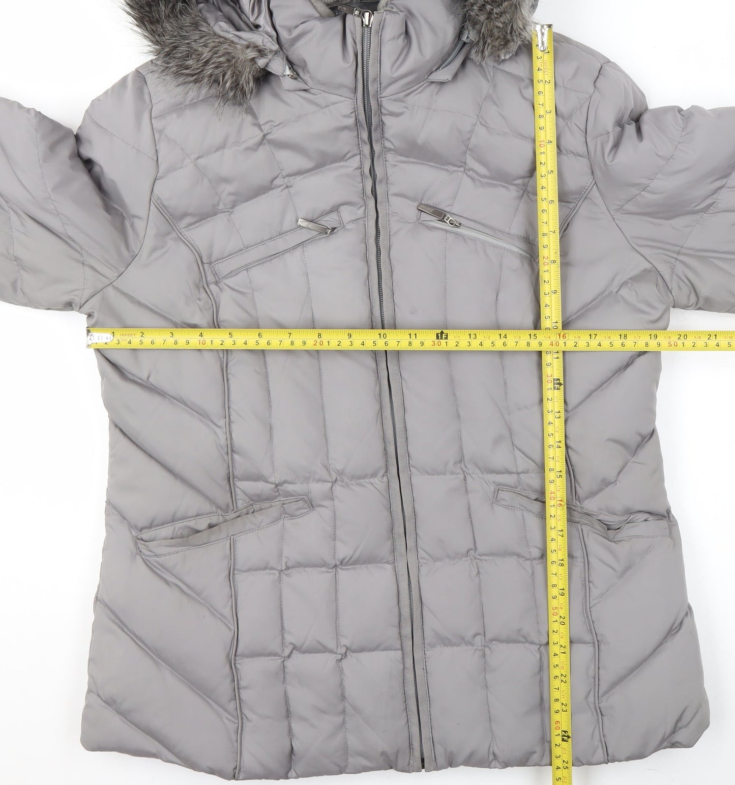 Marks and Spencer Per Una Women's Grey Hooded Puffer Jacket M Faux Fur Trim