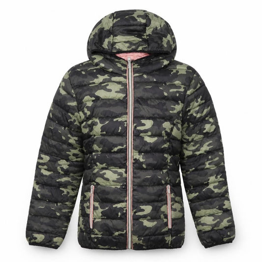 Next Girls Green Camouflage Hooded Puffer Jacket 15 Years Polyester Lined
