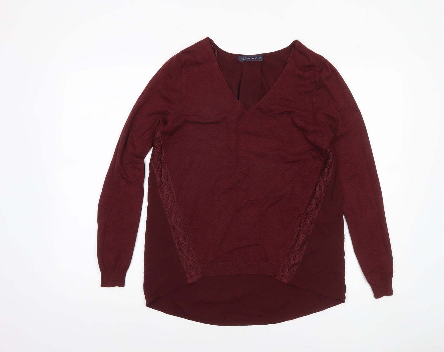 Marks and Spencer Women’s Red V-Neck Lace Panel Long Sleeve Jumper Size 10