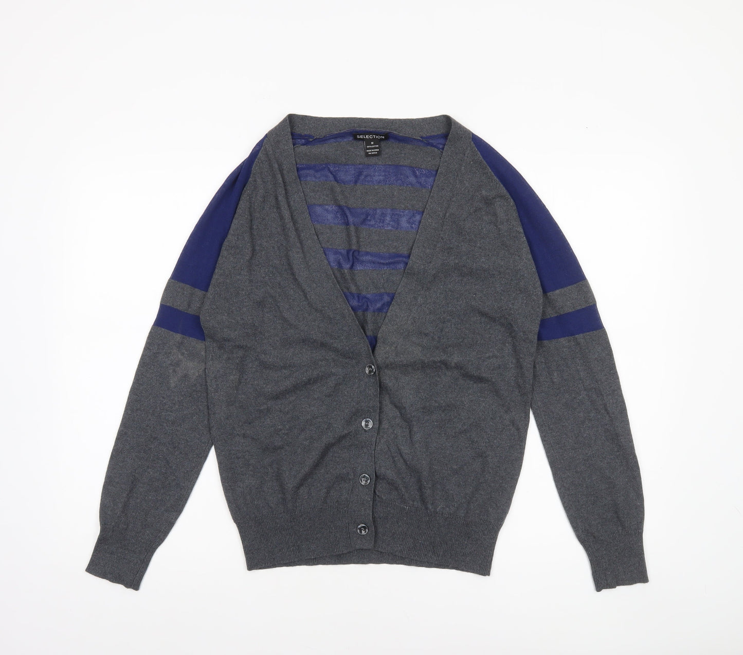 Selection Women Grey Cotton V-Neck Striped Cardigan Size M