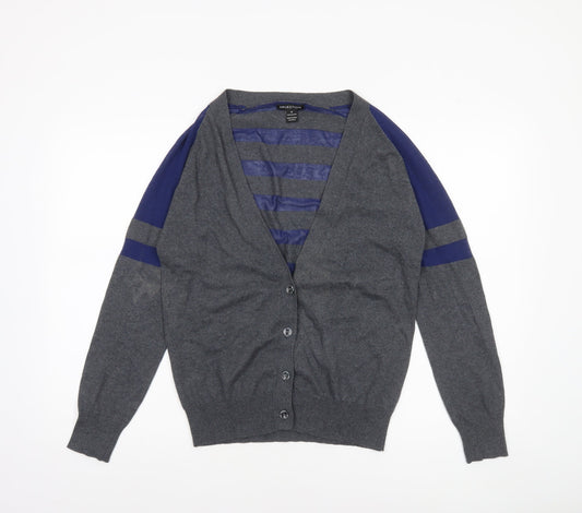 Selection Women Grey Cotton V-Neck Striped Cardigan Size M