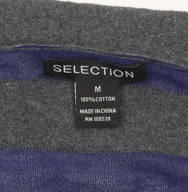 Selection Women Grey Cotton V-Neck Striped Cardigan Size M