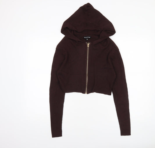 PrettyLittleThing Women's Brown Hooded Full Zip Knit Jumper Size M