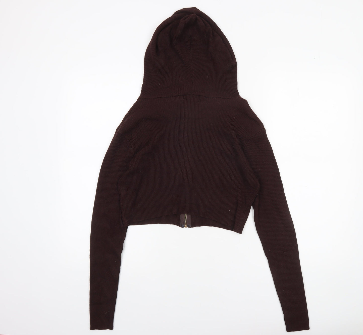 PrettyLittleThing Women's Brown Hooded Full Zip Knit Jumper Size M