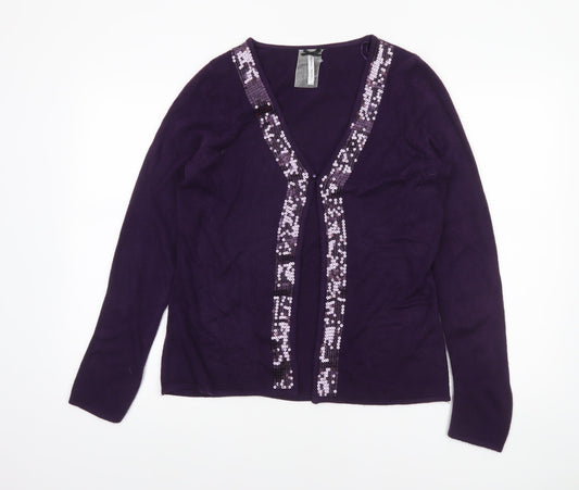 Forever Knit Women's Purple Sequin Cardigan Size 12 V-Neck Acrylic