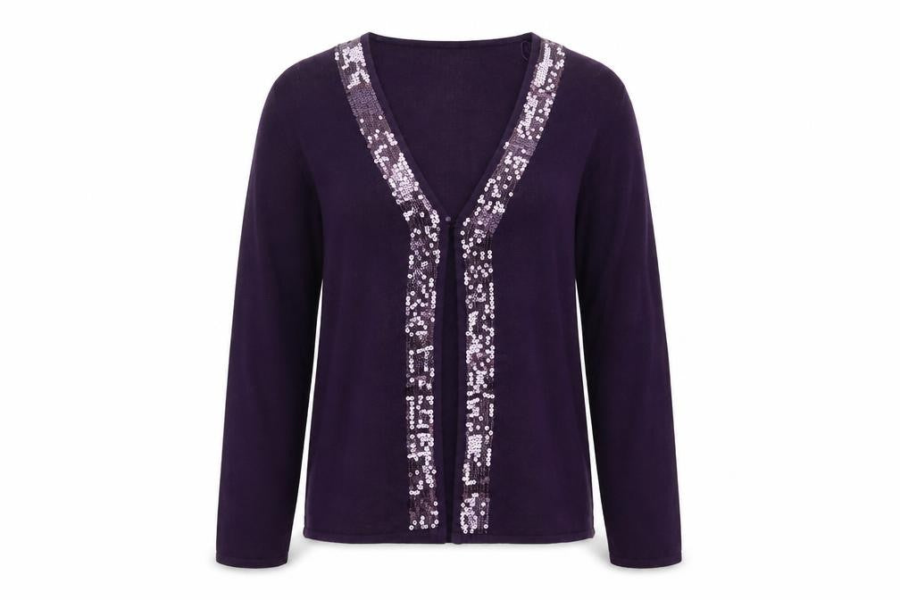 Forever Knit Women's Purple Sequin Cardigan Size 12 V-Neck Acrylic