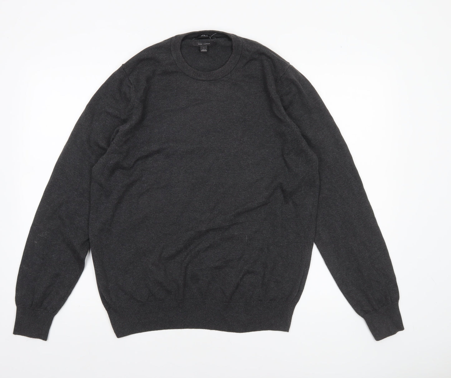 Marks and Spencer Men's Grey Cotton Crew Neck Jumper L Classic Fit