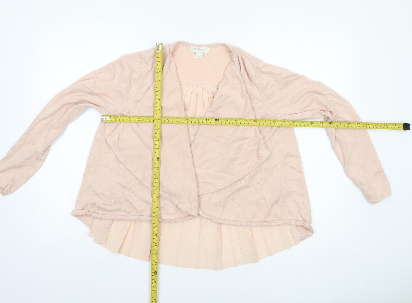 Monsoon Women Beige Size 12 Pleated Back Open Knit Cardigan