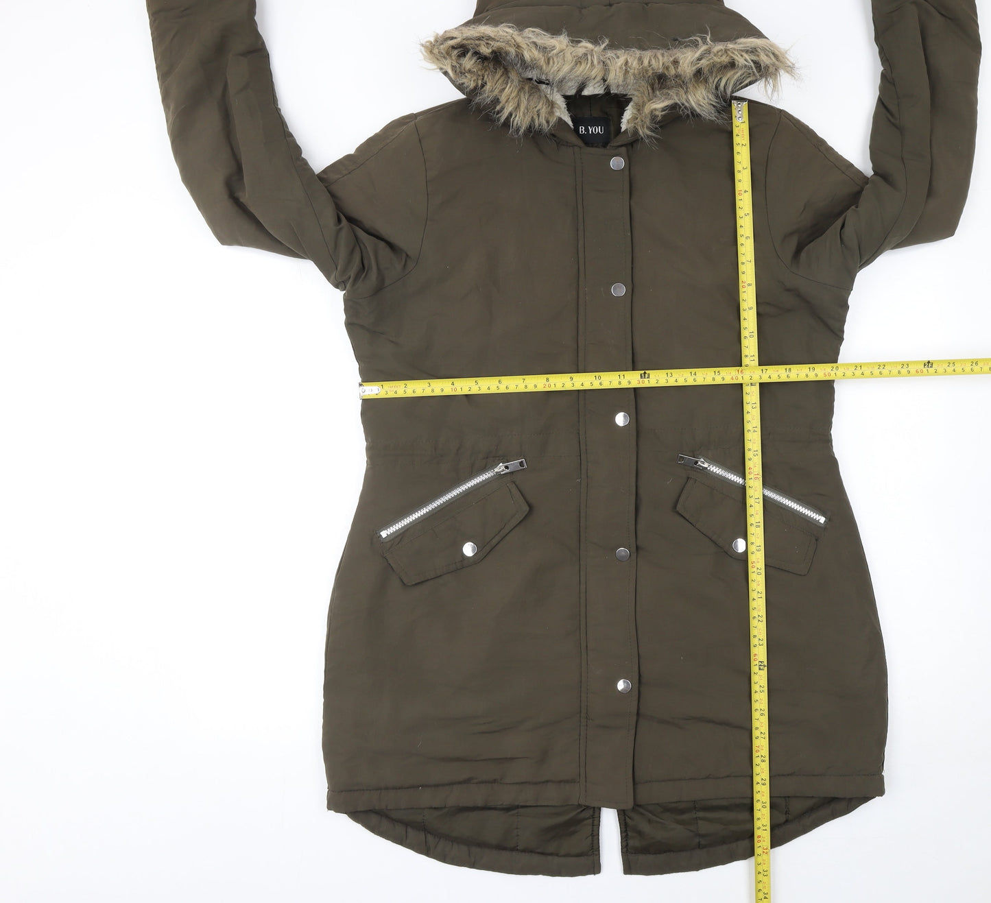 B.YOU Women’s Green Faux Fur Trim Long Parka Coat Size 12